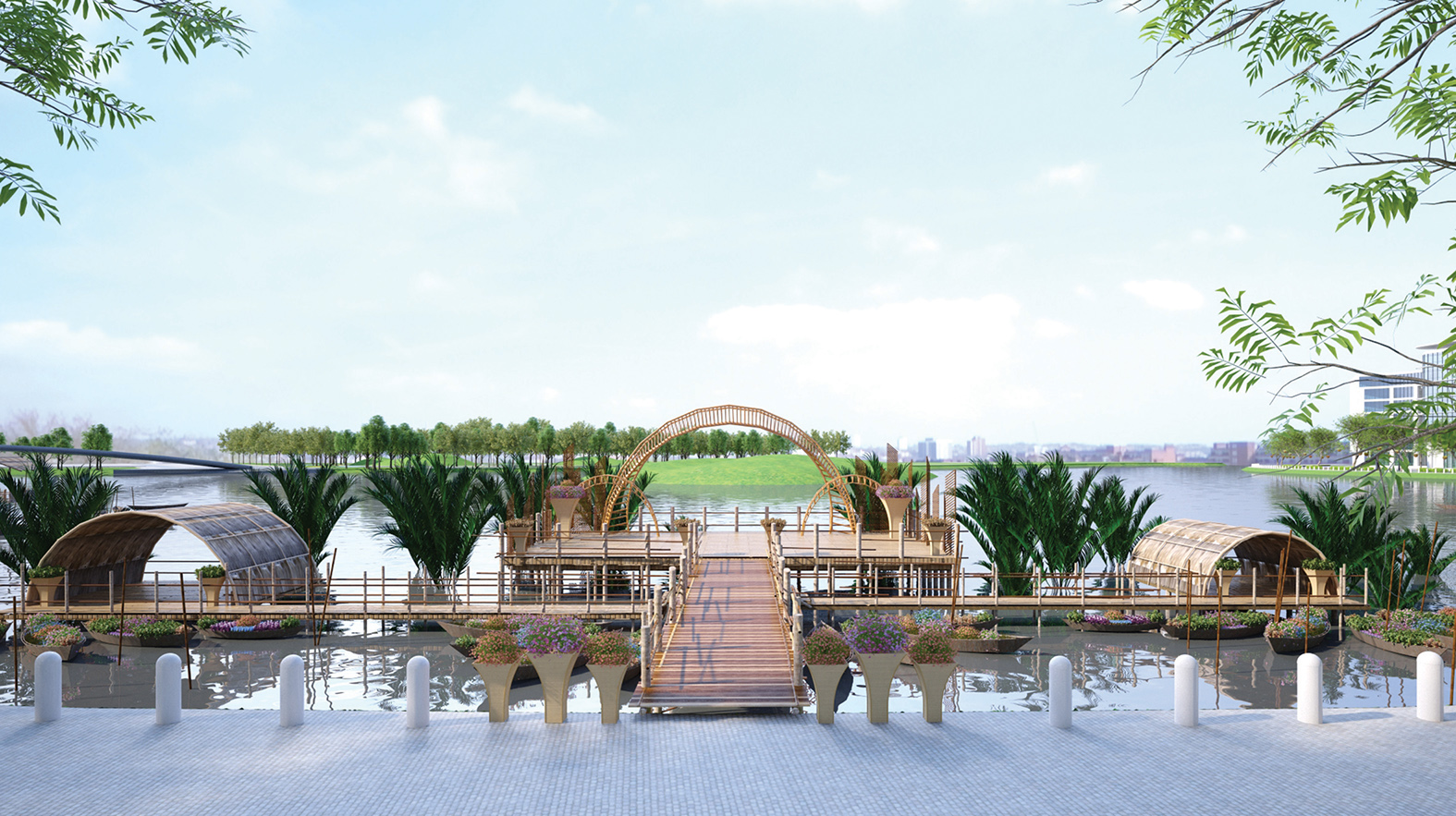 Góc nhìn của du khách từ Đường Xuân, về sân khấu nổi trên hồ Bán Nguyệt