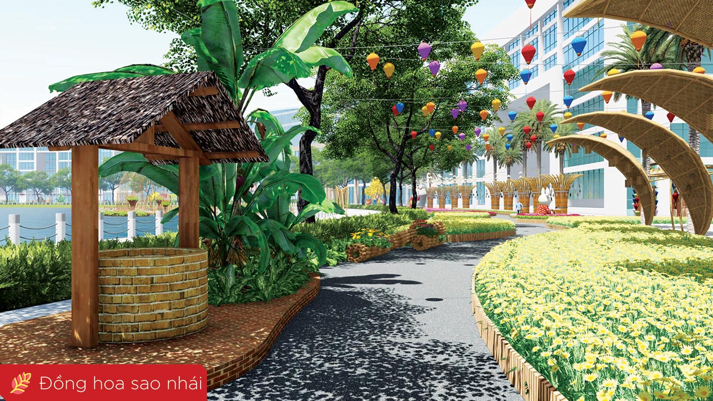 Cánh đồng hoa sao nhái bên con đường làng, bụi chuối, giếng nước làng quê