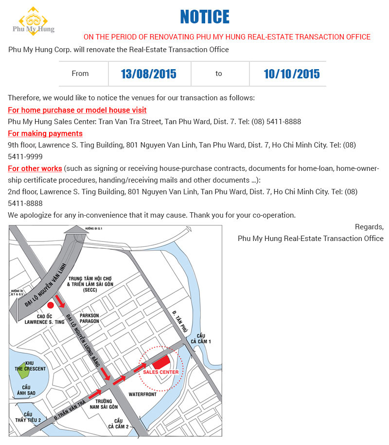 NOTICE: On the period of renovating Phu My Hung Real-Estate Transaction Office