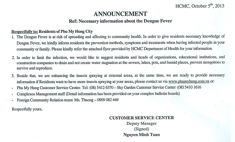 Announcement Ref: Necessary information about the Dengue Fever